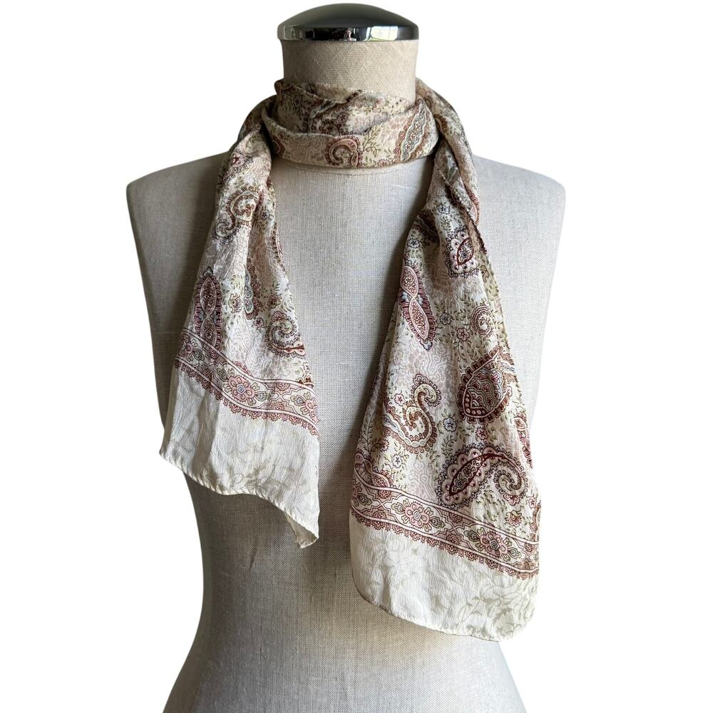 Club 7 by Echo Paisley Silk Blend Scarf Cream Beige Pink Boho 47x9.75